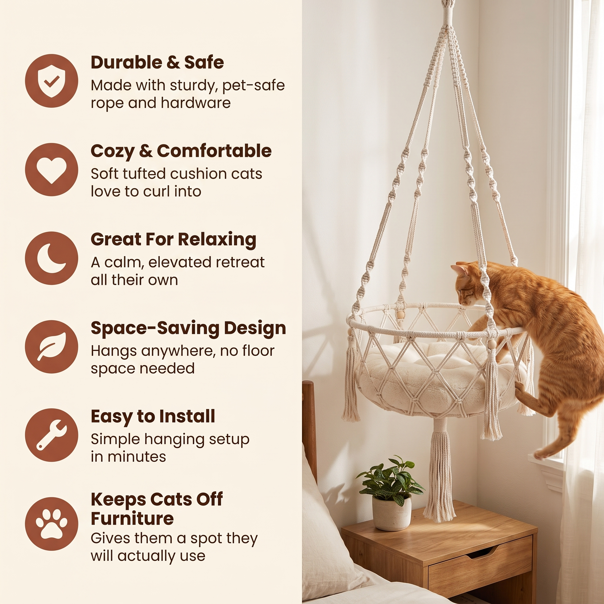 Snugosa benefits: durable, cozy, relaxing, space-saving, easy to install, keeps cats off furniture